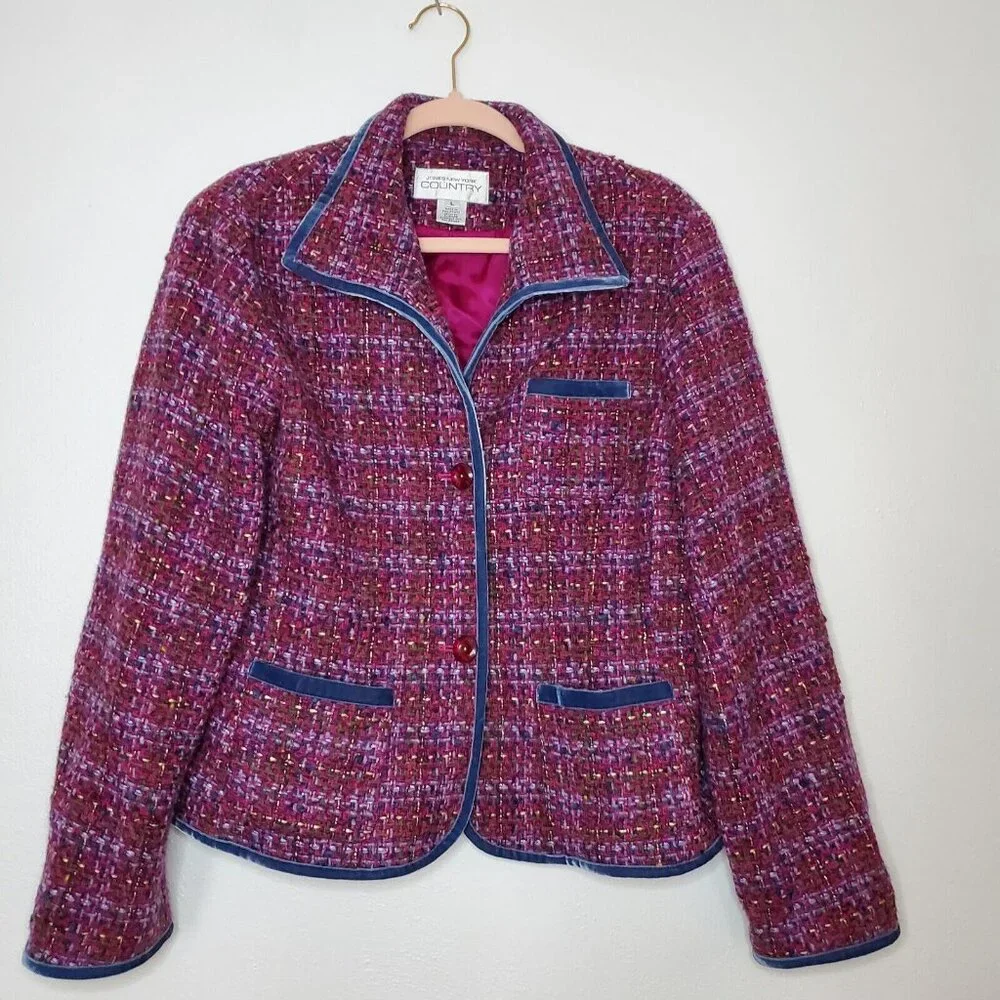 Jones New York Country Women Sz Large Purple Pink Tweed Wool Blend Blazer Jacket - Picture 12 of 12